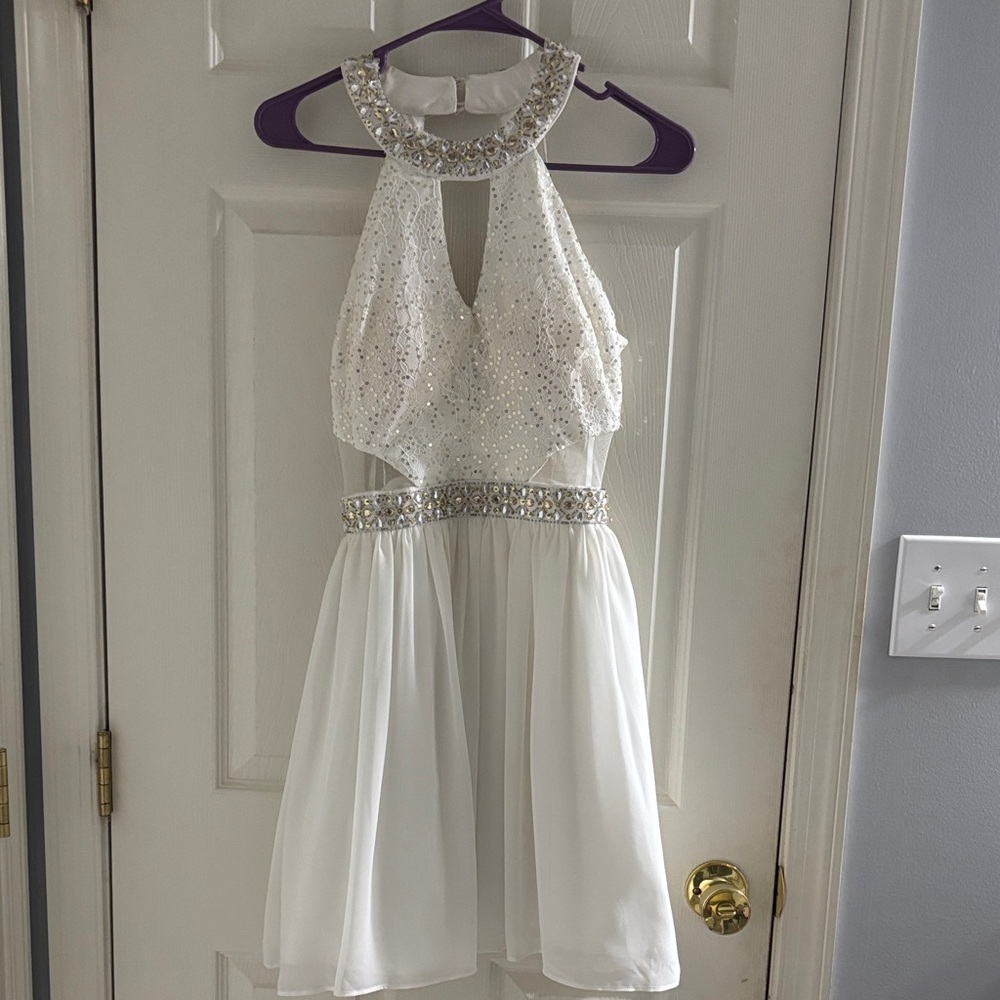 B Darlin Elegant White Midi Dress with Glittering Silver Details